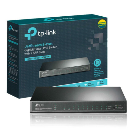 Switch 10 Portas TP-Link, 8 Portas Gigabit PoE+, 2 Portas SFP JetStream, T1500G-10PS(TL-SG2210P)